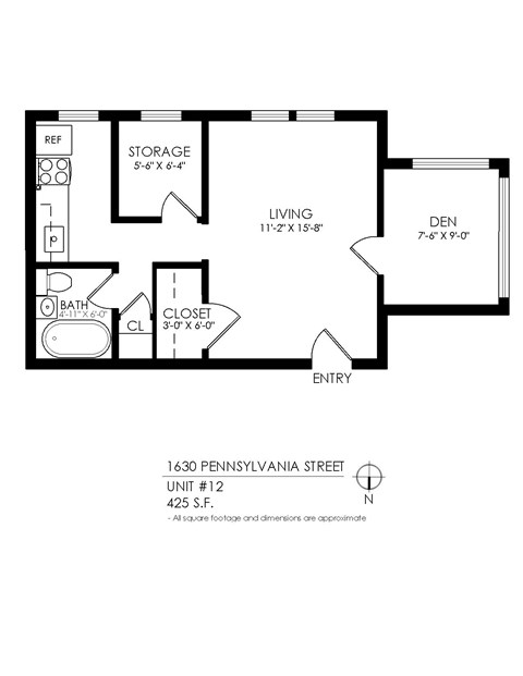 Floor plan for 1 bed, 1 bath, 425 sqft
